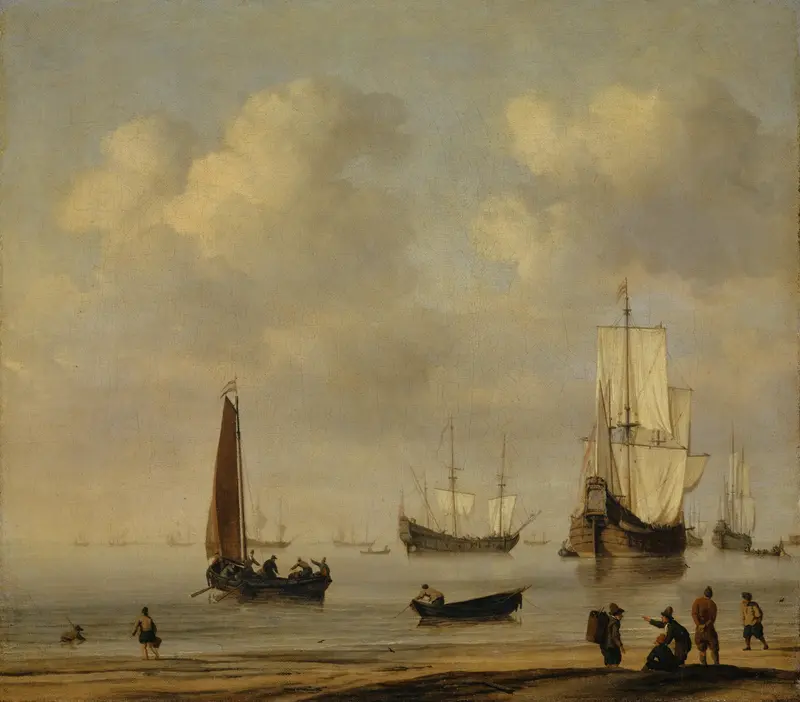 Three-Masted Ships and Fishing Boats in a Calm, oil painting by Willem van de Velde the Younger