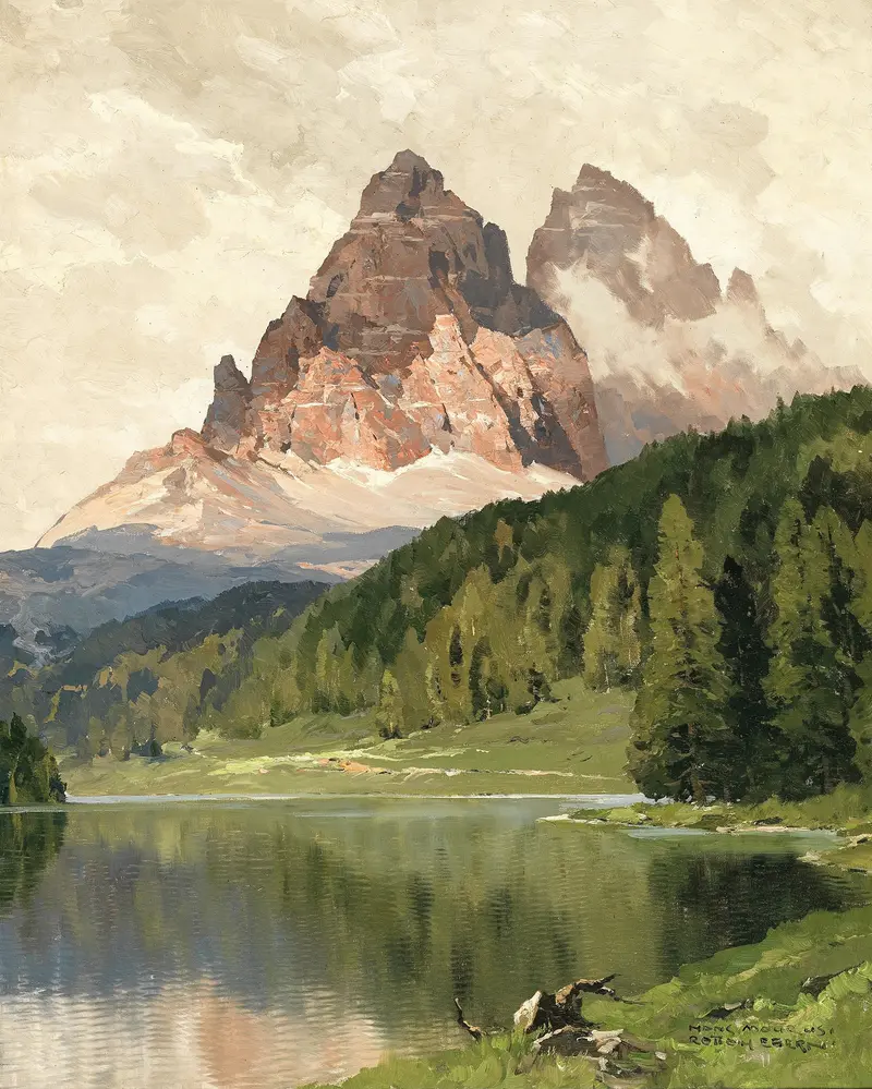 Lake Misurina with Tre Cime di Lavaredo, oil on canvas by Hans Maurus