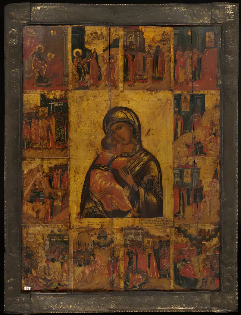 Religious scene with the Virgin of Vladimir, tempera on panel, unidentified artist