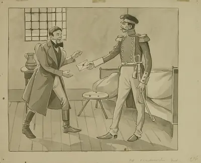 Interior scene in realism style by John Nehrman, depicting two people in a cell with a jug and a table.