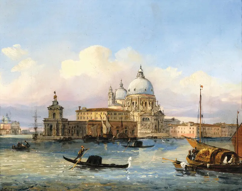 Venice landscape with Santa Maria della Salute, oil on canvas by Carlo Grubas