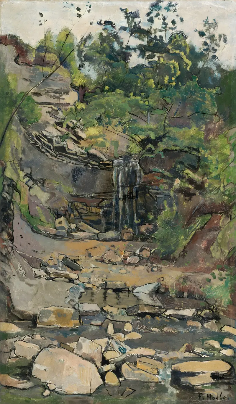 Waterfall In The Savoy Region by Ferdinand Hodler, oil painting depicting a waterfall and vibrant nature.