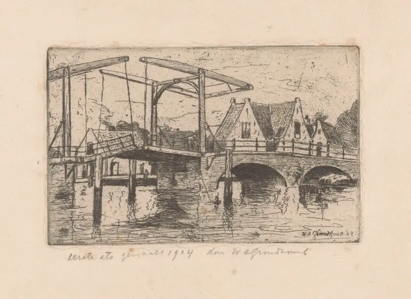 Ophaalbrug in een stad by Willem Adrianus Grondhout, impressionism, depicting a bridge in a city.
