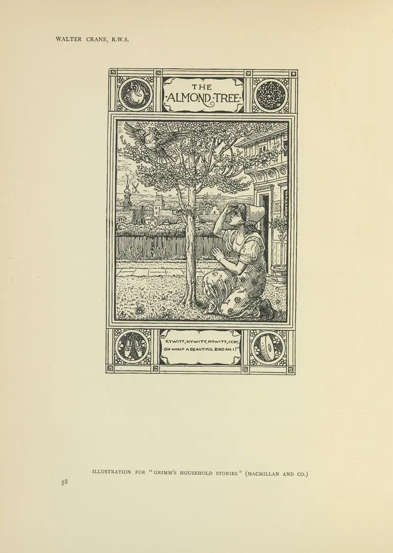 Walter Crane's 'The Almond Tree – Grimm’s household stories' features whimsical illustrations inspired by fairy tales.