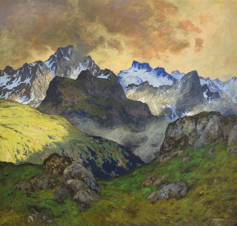 An Alpine Landscape by Hugo Hodiener, oil painting depicting mountains and trees