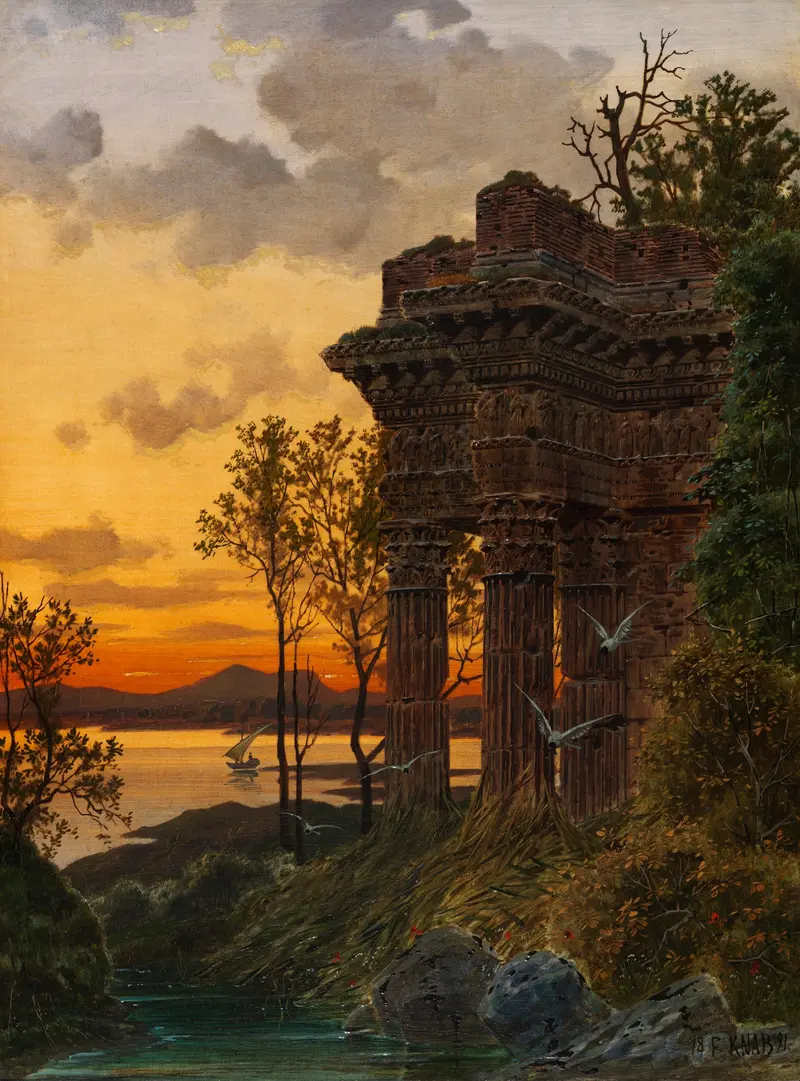 Abendliche Ruinenlandschaft by Ferdinand Knab, oil on canvas depicting ruins with golden light
