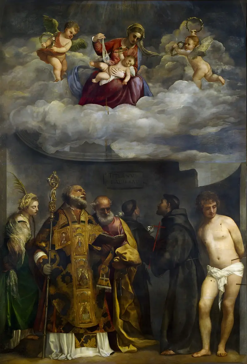 The Altarpiece of San Nicolò della Lattuga by Titian depicts Saint Nicholas in a moment of blessing.