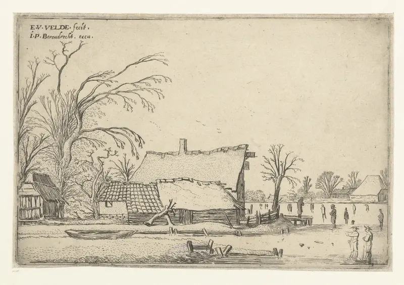 Etching by Esaias van de Velde showing a winter landscape with skaters on a frozen river.