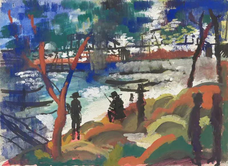 Angler am Fluss by August Macke, oil on canvas depicting a fisherman by a river.