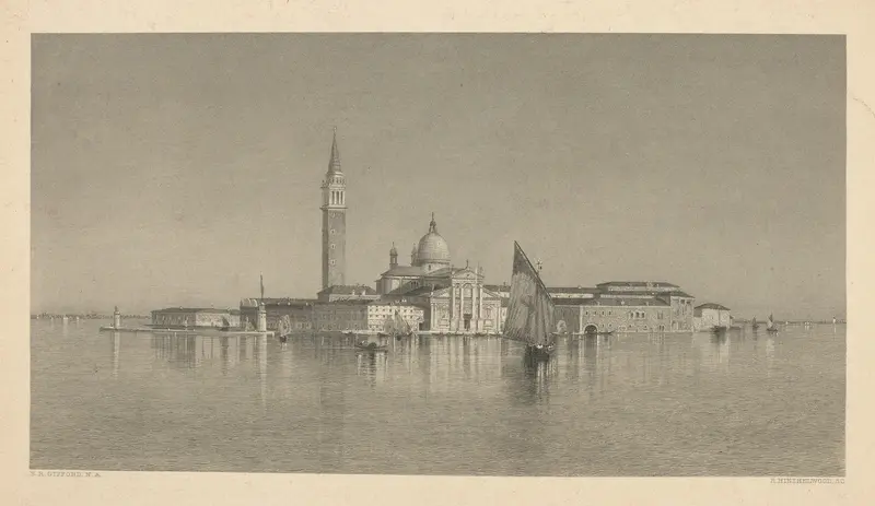 San Giorgio-Venice by Robert Hinshelwood, oil on canvas depicting a canal with reflections and architecture.