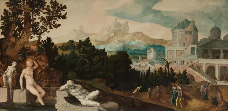 Landscape with Bathsheba, oil on panel by Jan van Scorel, depicting a serene landscape and figure.