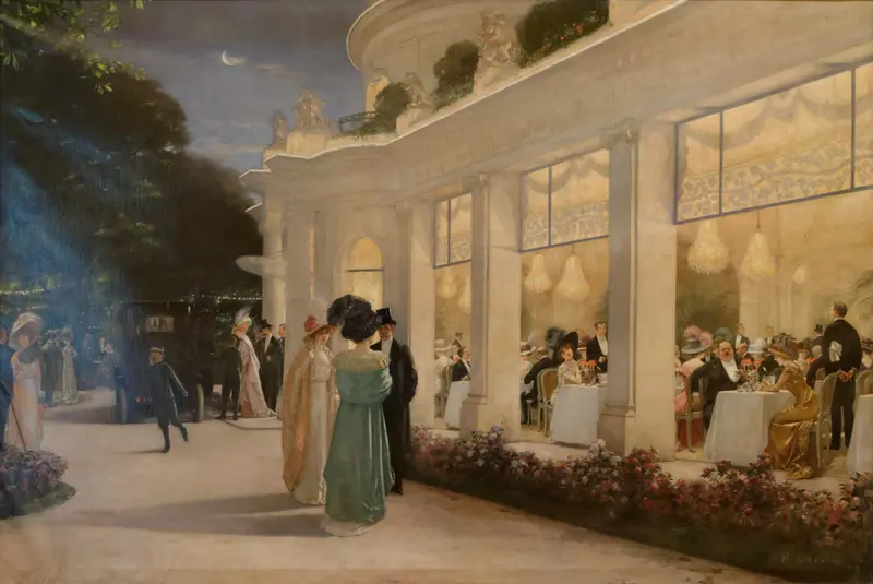 Henri Gervex's painting 'Une soirée au Pré-Catelan' captures a lively social scene.