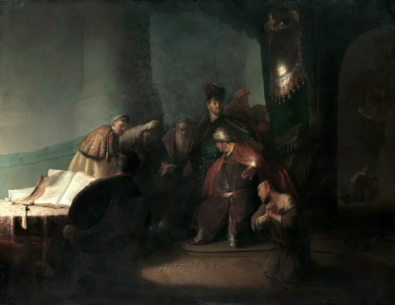 A depiction of Judas in anguish as he returns the pieces of silver to the priests.