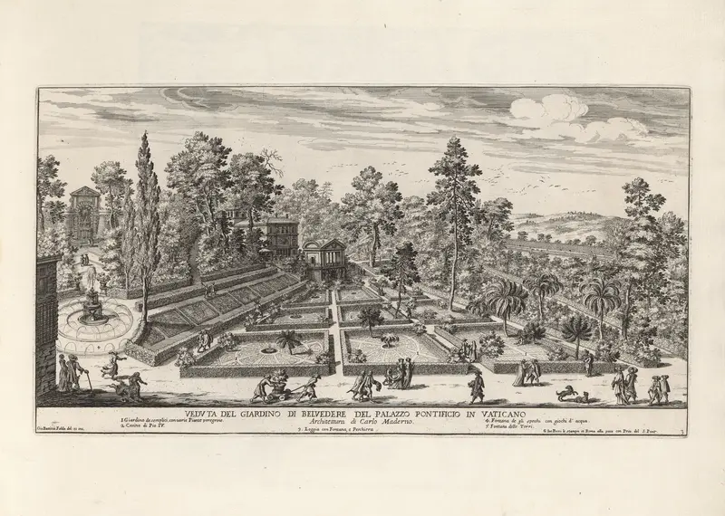 Engraving by Giovanni Battista Falda depicting a garden landscape with intricate flora.