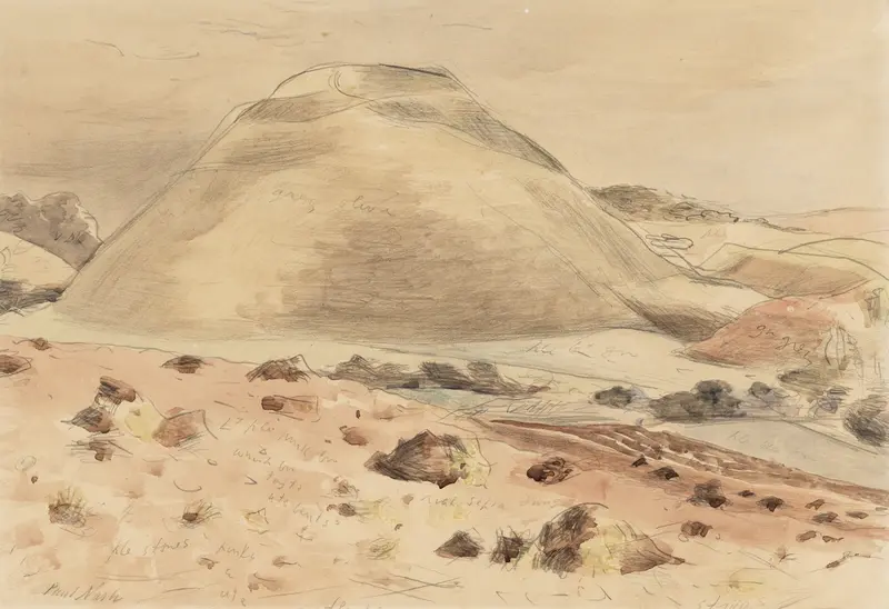 Silbury Hill by Paul Nash, oil on canvas depicting a solitary hill in a tranquil landscape.