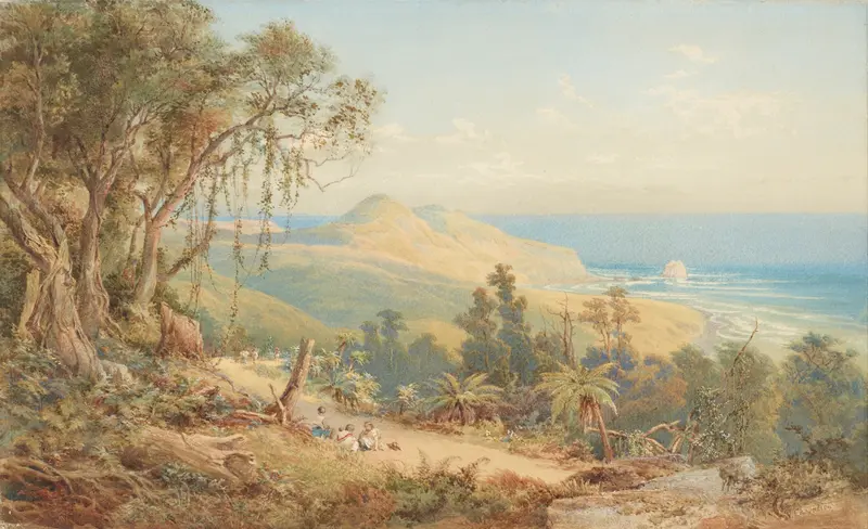 Landscape of Sandfly Bay, Otago by Nicholas Chevalier, oil painting
