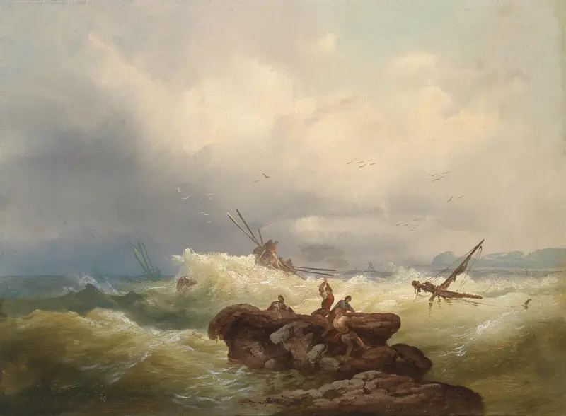 Turbulent sea with frothy waves, oil on canvas by Josef Carl Berthold Püttner