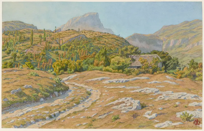 Watercolour by Henri Rivière depicting a village landscape with rooftops and light play