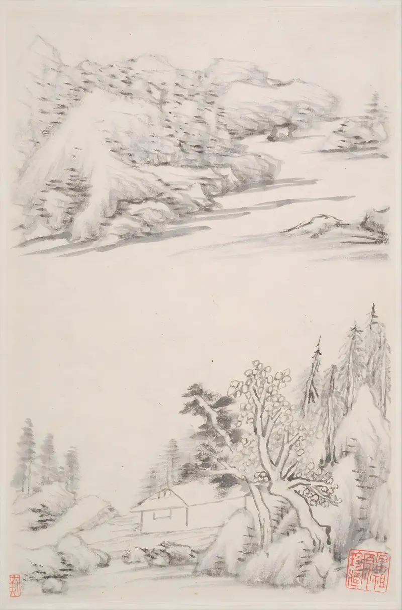 Landscape by Dong Qichang, Chinese Traditional, depicting distant mountains and nature.