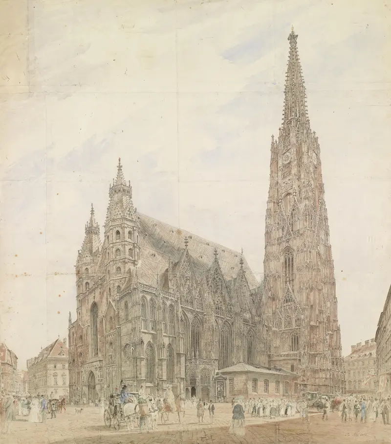 Stephansdom in Wien by Jakob Alt, oil painting depicting a cathedral in a serene landscape