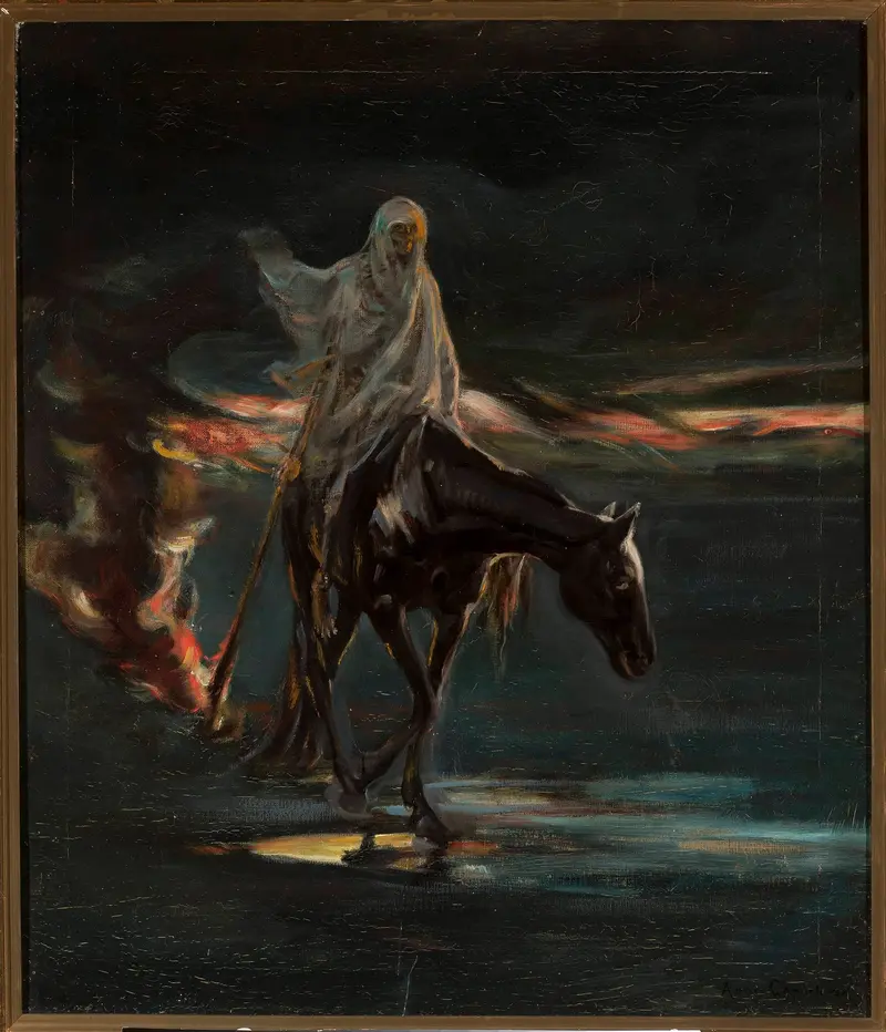 A spectral rider in shroud-like robes on a dark horse, with fire and destruction in the background.