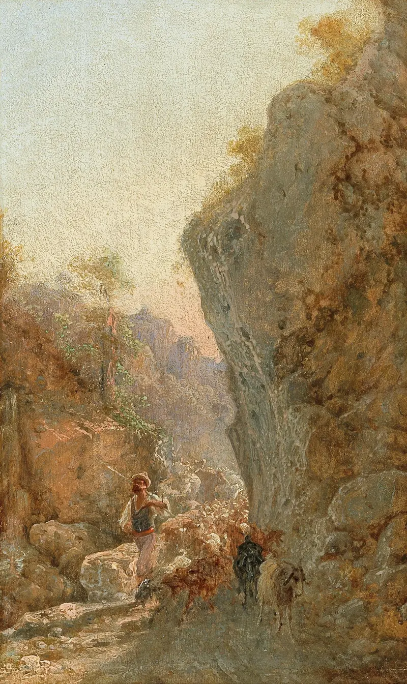 Hirte mit Schafherde, oil on canvas by Girolamo Gianni, depicting a shepherd with his flock.
