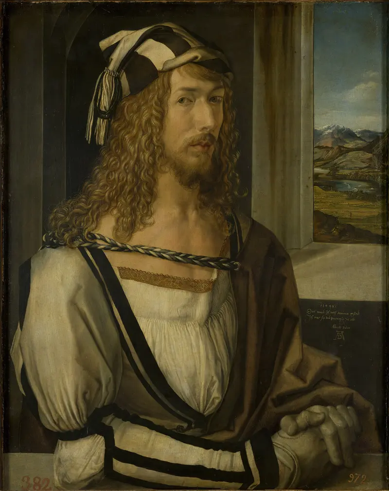 A young man with long curled blond hair and a trimmed beard wears a patterned hat and Renaissance clothing, resting his gloved right hand on a stone ledge with a landscape behind him.