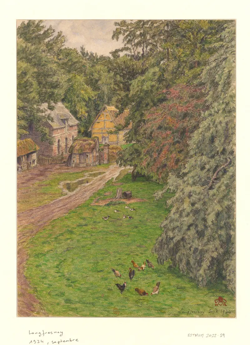Longfresnay by Henri Rivière, color lithograph depicting a vibrant landscape with clouds.