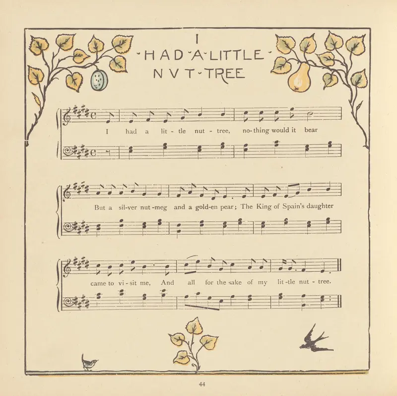 Walter Crane's 'I had a little Nut Tree' features whimsical imagery inspired by nursery rhymes.