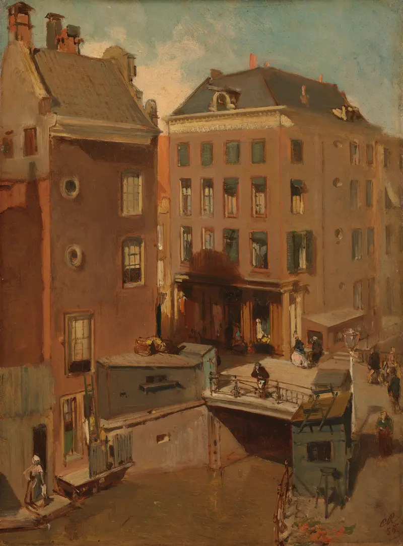 The Osjessluis near Kalverstraat in Amsterdam, oil painting by Charles Rochussen depicting a tranquil canal landscape.