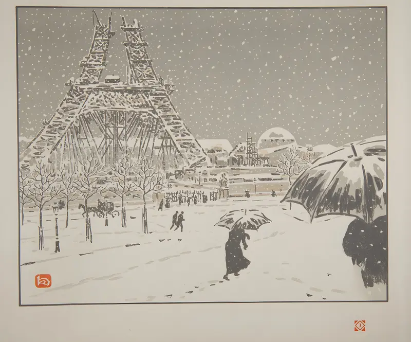 Henri Rivière's painting captures the construction of the Eiffel Tower from the Trocadero.