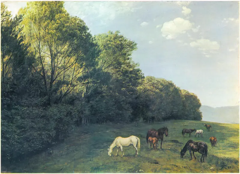 Landschaft mit weidenden Pferden by Hans Thoma, oil on canvas depicting horses in a tranquil landscape.
