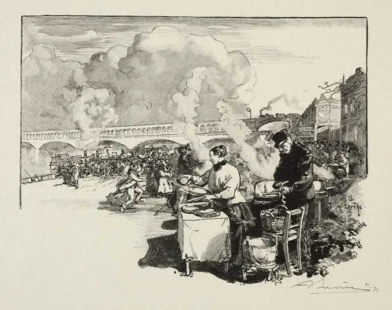 Engraving by Auguste Louis Lepère depicting boats at a dock during twilight