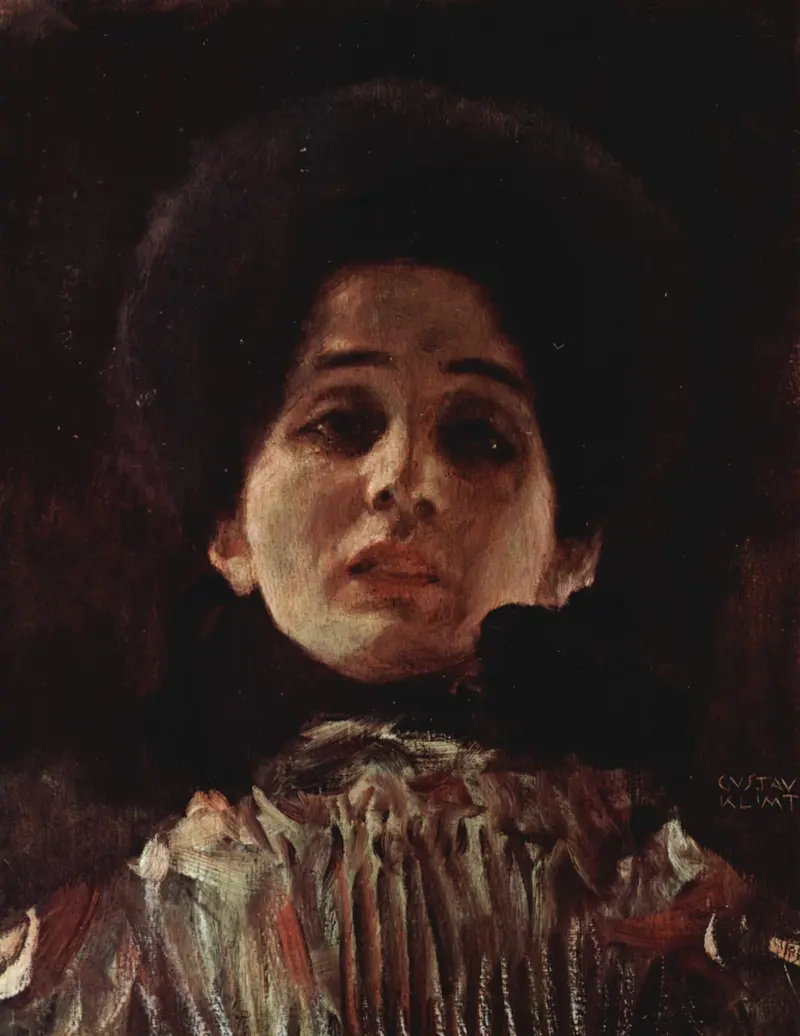 A portrait of a woman in a pleated dress, showcasing Klimt's intricate patterns.