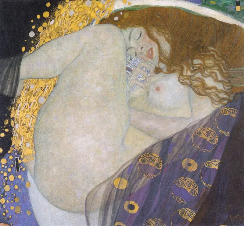 Gustav Klimt's *Danae* depicts a woman surrounded by golden rain, symbolizing love and desire.