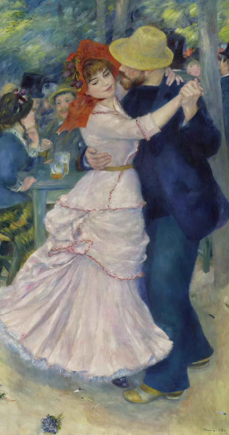 A couple dances closely in a waltz, the woman in a pale pink dress and red hat, the man in a blue jacket and yellow straw hat, with a blurred colorful background.