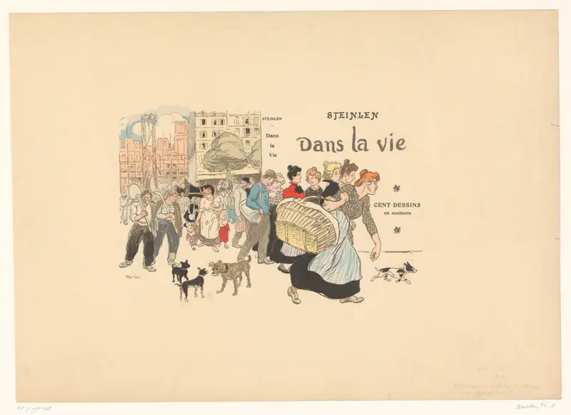 A lively Parisian street scene with a woman in a striped skirt leading a small dog amidst a bustling crowd.