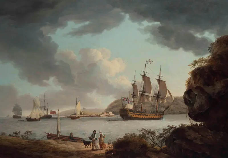 Marine scene with a flagship by John Thomas Serres, 1790, oil painting