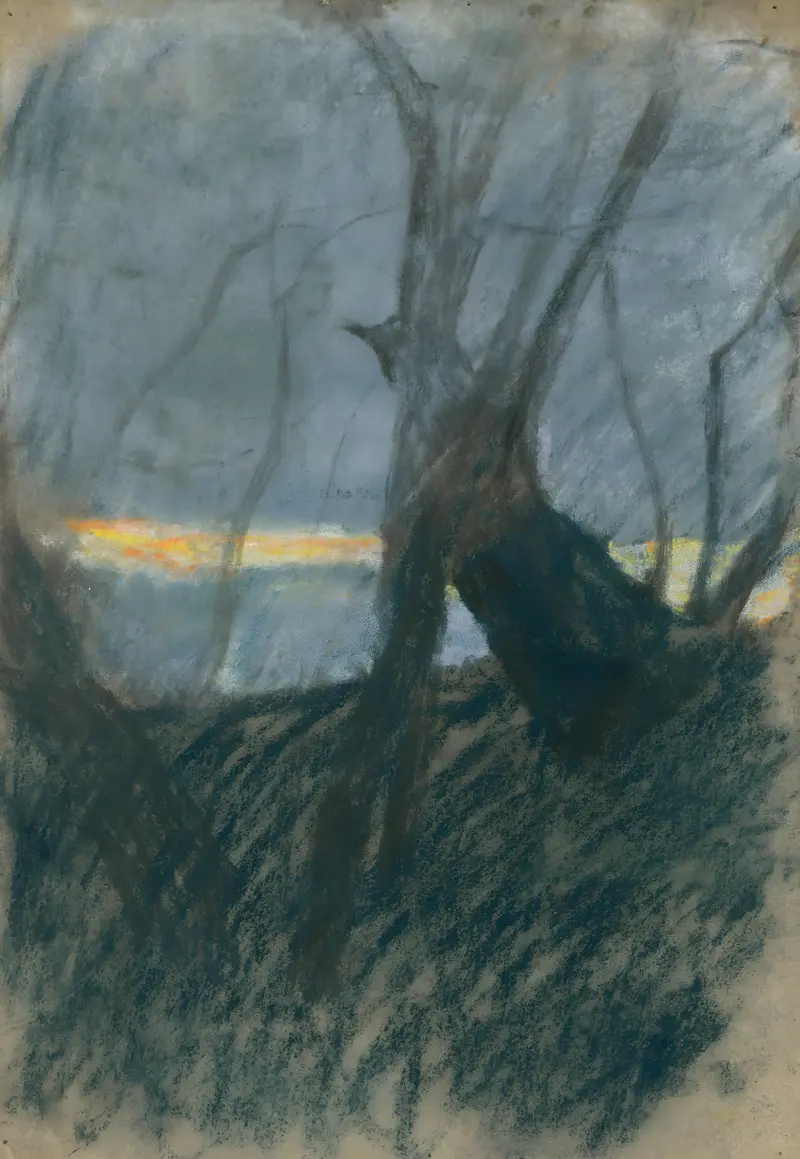Sunset landscape by Ladislav Mednyánszky, oil on canvas with vibrant oranges and purples.