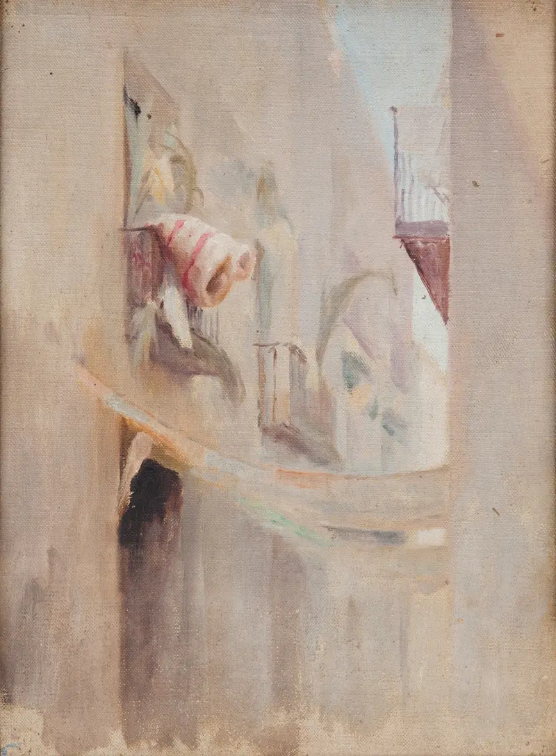 Landscape of Spain (Elche) by Jan Ciągliński, oil painting featuring terracotta rooftops and sunlight.