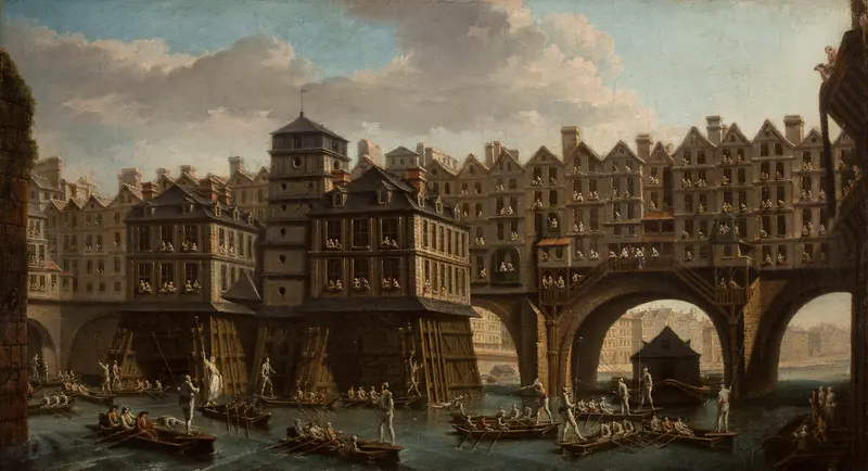 Marine scene with figures in a joute, oil on canvas by Nicolas Jean-Baptiste Raguenet