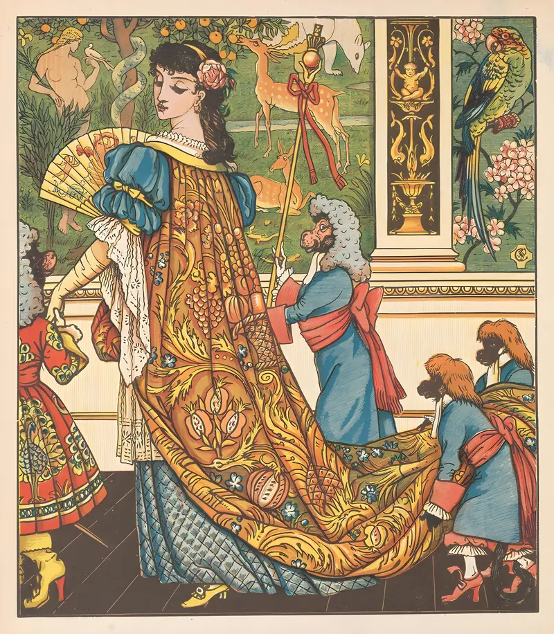 Walter Crane's 'Beauty and the Beast Pl. 04' illustrates a scene from the classic fairy tale.