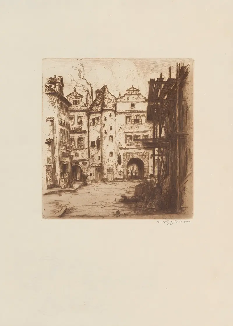 The entrance into the Týn Court by Tavík František Šimon, oil painting depicting an archway and court.