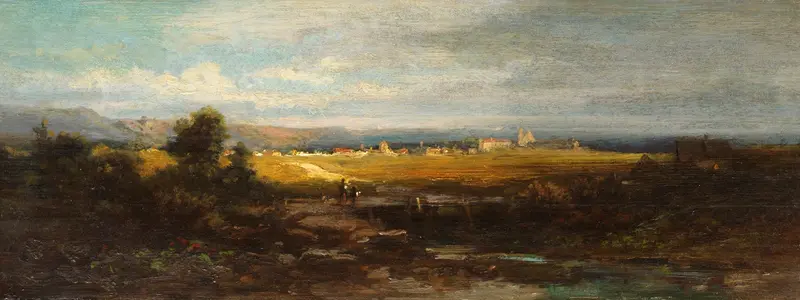 Landscape with hills and soft sky, oil on canvas by Carl Spitzweg