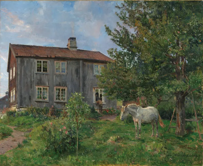 Pastoral landscape with soft strokes and muted colors by Gerhard Munthe, oil painting