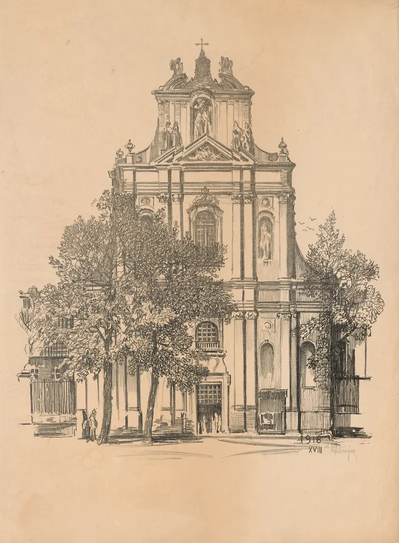 The Visitation Sisters Church by Feliks Jabłczyński, depicting women in a church with stained glass.