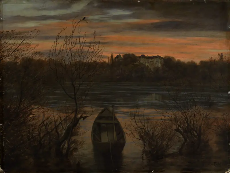 Marine scene with a solitary boat on water, oil painting by Hans Thoma