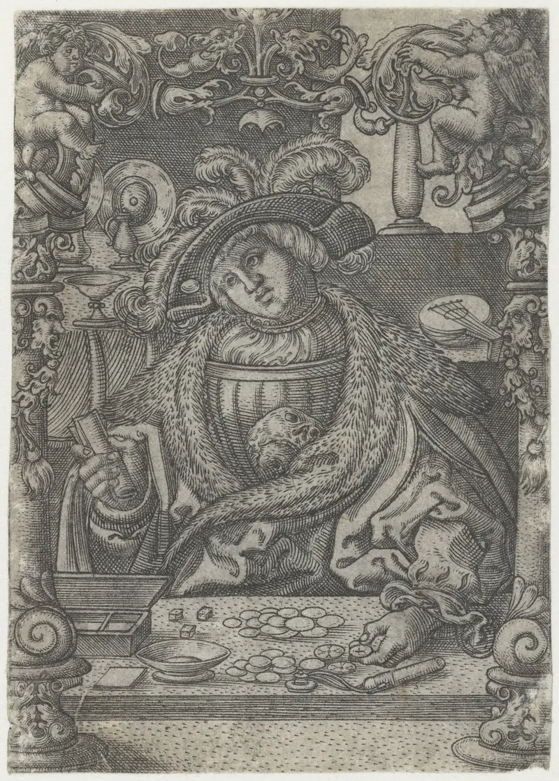 Engraving by Monogrammist AC depicting a young man, emphasizing youth and mortality.