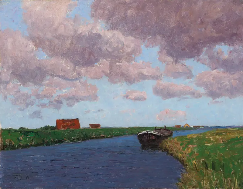 Landschaft Belgien by Alfred Zoff, oil on canvas depicting hills and tranquil landscape