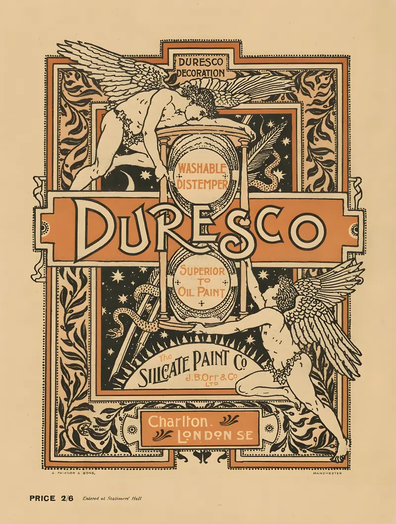 Walter Crane's 'Duresco' showcases a vibrant advertisement for washable distemper paint.